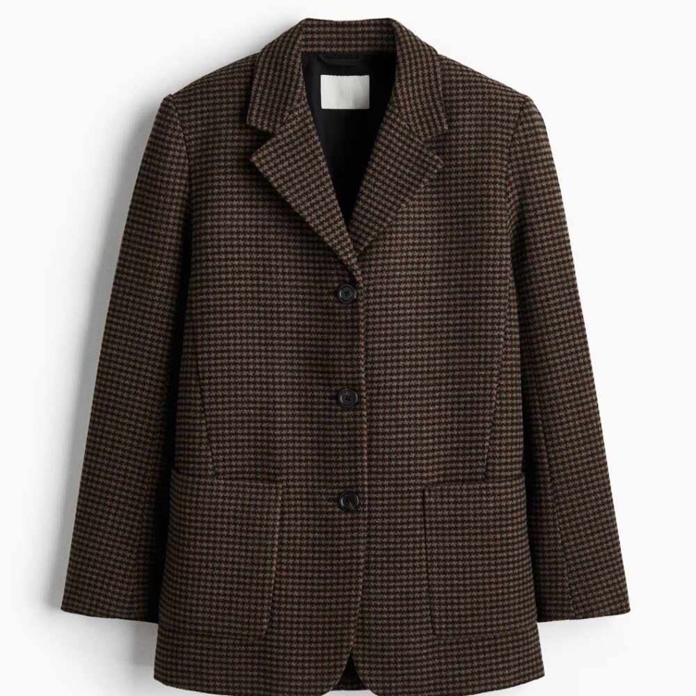 H&M SINGLE-BREASTED DARK BROWN HOUNDSTOOTH BLAZER SIZE L NWOT - Picture 2 of 10